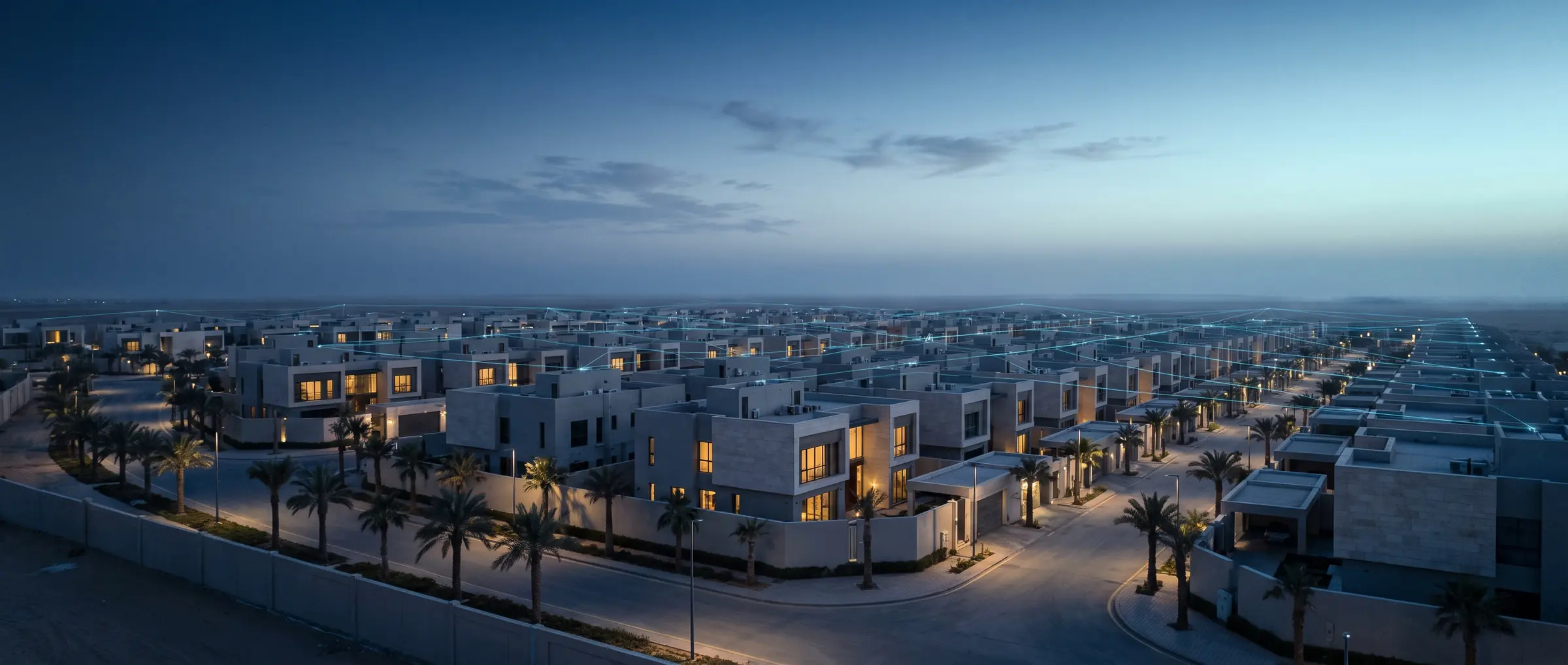 مشروع سكنيّ مكتمل عند الغسق، وقد أُضيئت بيوته وارتبطت أسطحُه بخيوطٍ ضوئية